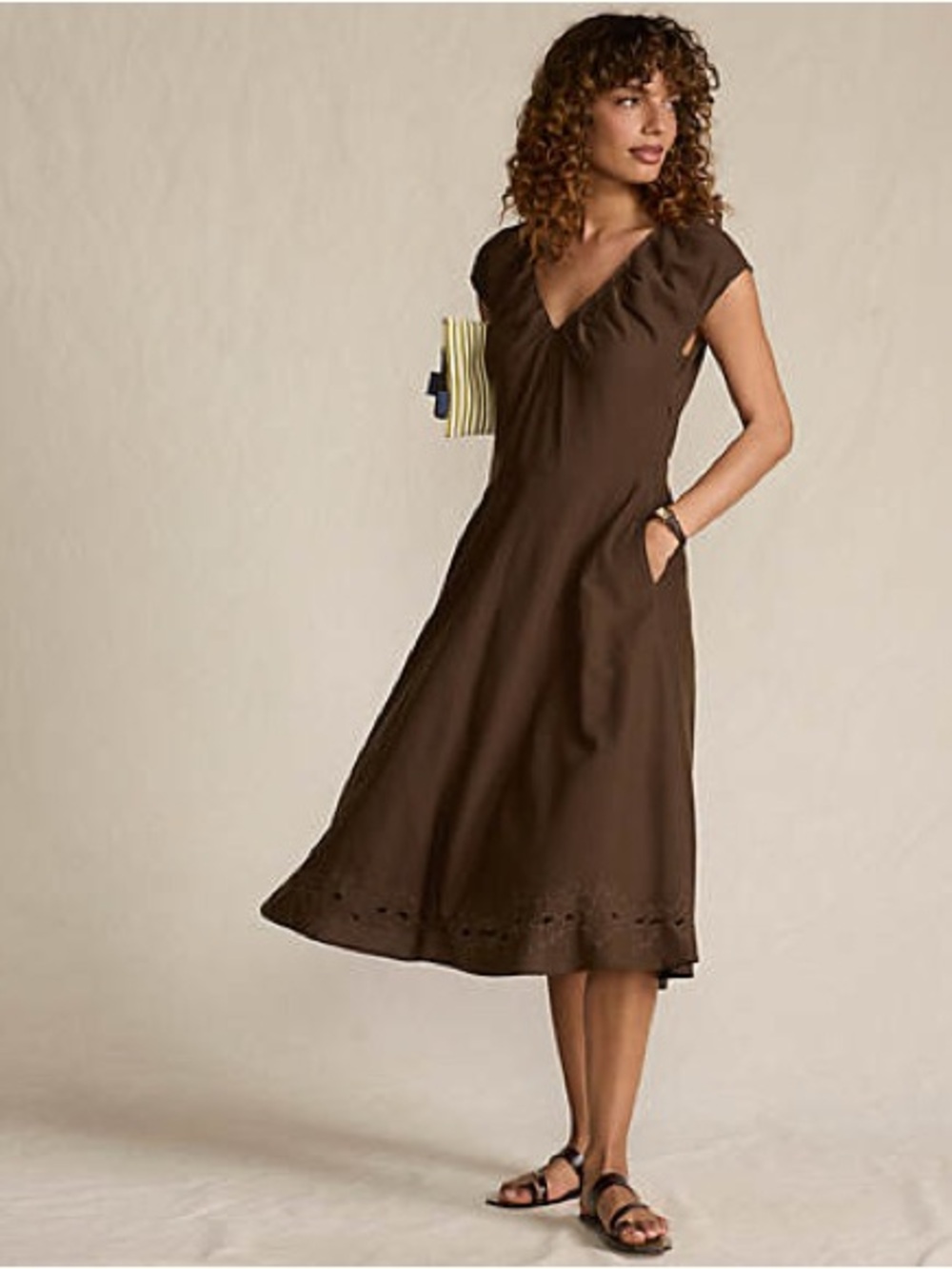 Lands' End Chocolate Brown V-Neck Cap Sleeve Midi Dress